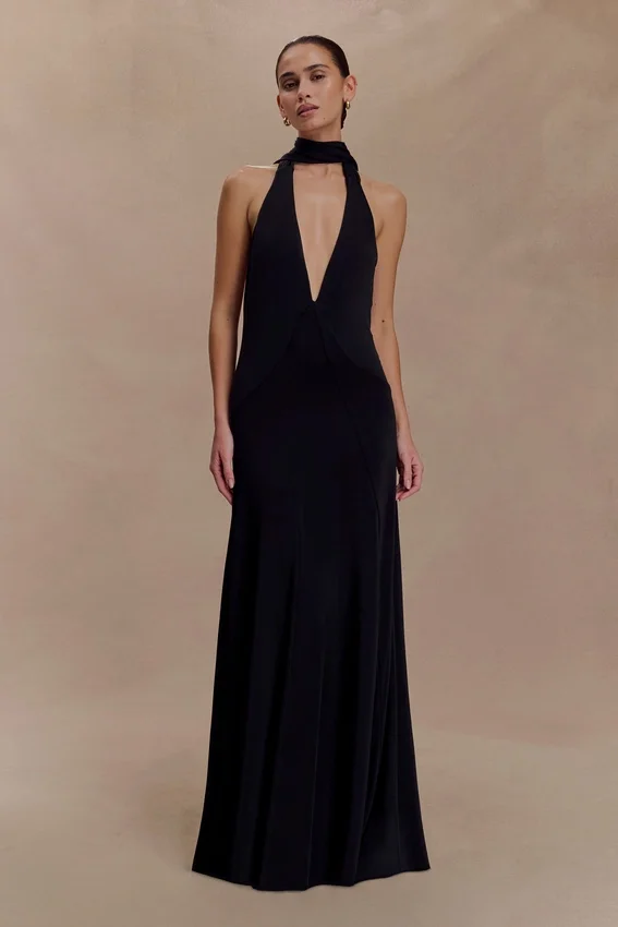 Juliet Slinky Maxi Dress With Scarf – Black Juliet Slinky Maxi Dress With Scarf – Black