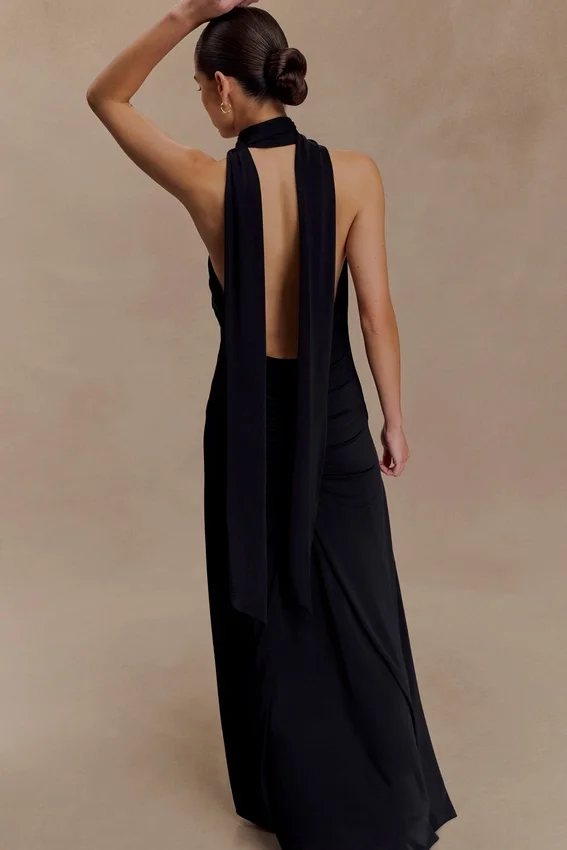 Juliet Slinky Maxi Dress With Scarf – Black Juliet Slinky Maxi Dress With Scarf – Black