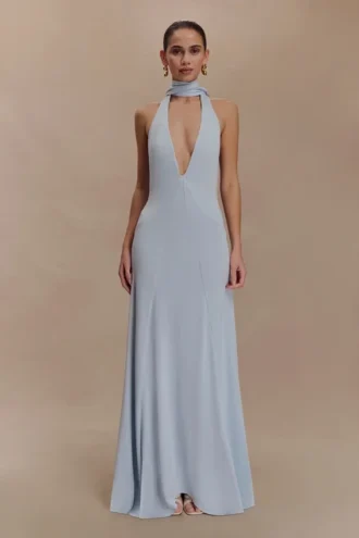Juliet Slinky Maxi Dress With Scarf – Pale Blue