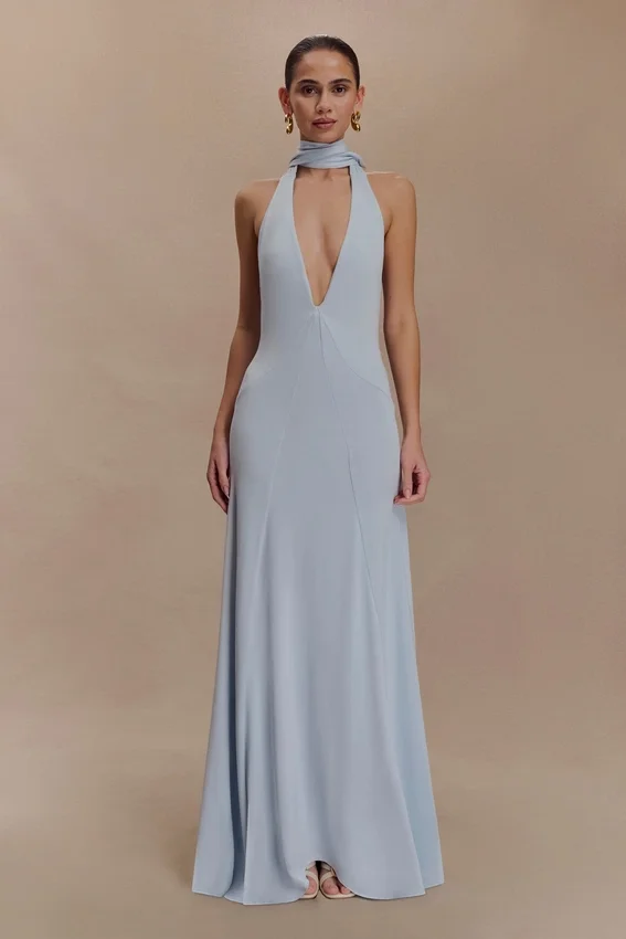 Juliet Slinky Maxi Dress With Scarf – Pale Blue Juliet Slinky Maxi Dress With Scarf – Pale Blue