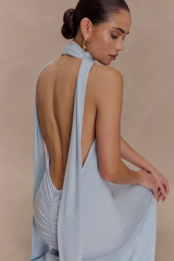 Juliet Slinky Maxi Dress With Scarf – Pale Blue Juliet Slinky Maxi Dress With Scarf – Pale Blue