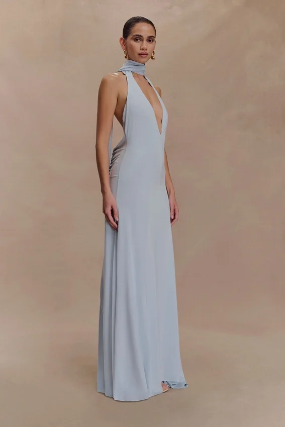 Juliet Slinky Maxi Dress With Scarf – Pale Blue Juliet Slinky Maxi Dress With Scarf – Pale Blue