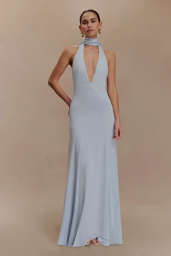 Juliet Slinky Maxi Dress With Scarf – Pale Blue Juliet Slinky Maxi Dress With Scarf – Pale Blue