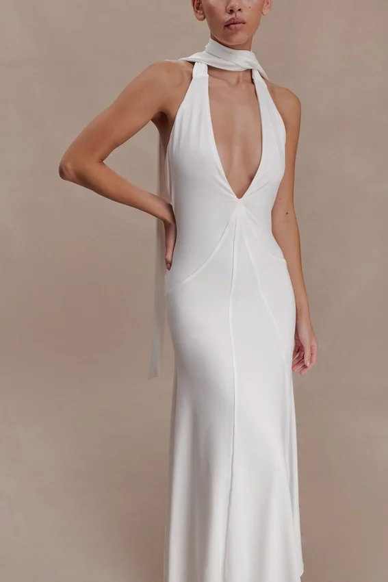 Juliet Slinky Maxi Dress With Scarf – White Juliet Slinky Maxi Dress With Scarf – White