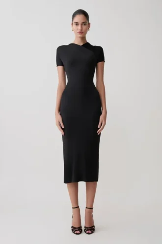 Junie Cross-Over Neck Slinky Maxi Dress – Black