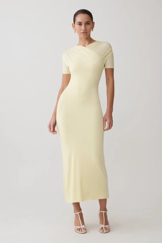 Junie Cross-Over Neck Slinky Maxi Dress – Lemon Junie Cross-Over Neck Slinky Maxi Dress – Lemon