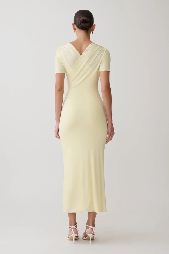 Junie Cross-Over Neck Slinky Maxi Dress – Lemon Junie Cross-Over Neck Slinky Maxi Dress – Lemon