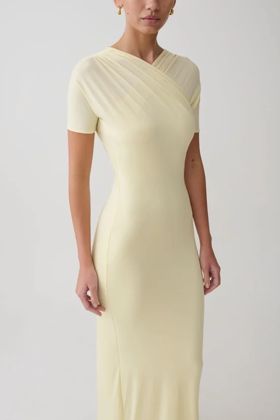 Junie Cross-Over Neck Slinky Maxi Dress – Lemon Junie Cross-Over Neck Slinky Maxi Dress – Lemon
