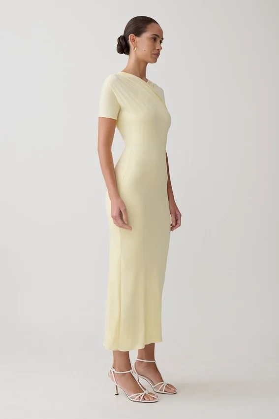 Junie Cross-Over Neck Slinky Maxi Dress – Lemon Junie Cross-Over Neck Slinky Maxi Dress – Lemon