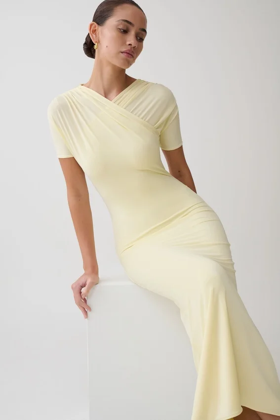 Junie Cross-Over Neck Slinky Maxi Dress – Lemon Junie Cross-Over Neck Slinky Maxi Dress – Lemon