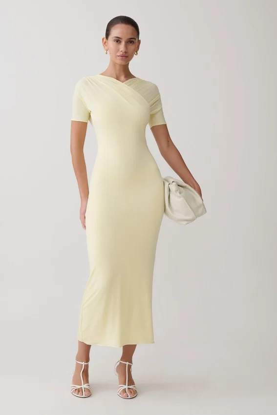 Junie Cross-Over Neck Slinky Maxi Dress – Lemon Junie Cross-Over Neck Slinky Maxi Dress – Lemon