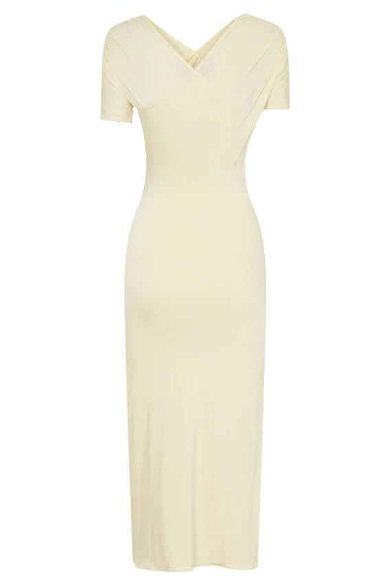 Junie Cross-Over Neck Slinky Maxi Dress – Lemon Junie Cross-Over Neck Slinky Maxi Dress – Lemon