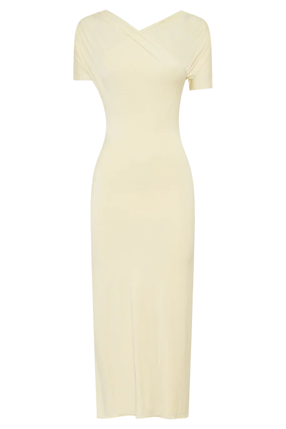 Junie Cross-Over Neck Slinky Maxi Dress – Lemon Junie Cross-Over Neck Slinky Maxi Dress – Lemon