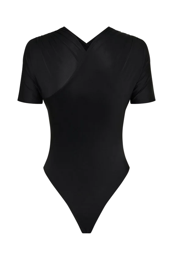 Junie Shortsleeve Cross-Over Bodysuit – Black Junie Shortsleeve Cross-Over Bodysuit – Black