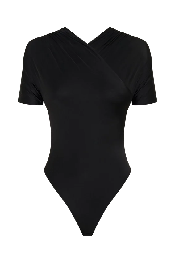Junie Shortsleeve Cross-Over Bodysuit – Black Junie Shortsleeve Cross-Over Bodysuit – Black