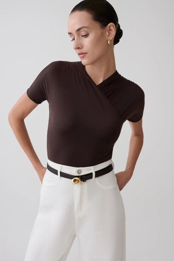 Junie Shortsleeve Cross-Over Bodysuit – Chocolate Junie Shortsleeve Cross-Over Bodysuit – Chocolate