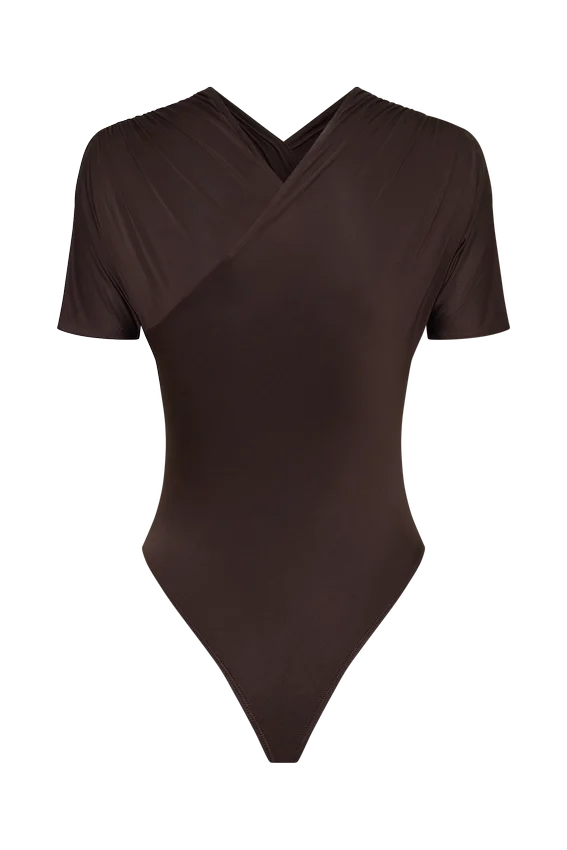Junie Shortsleeve Cross-Over Bodysuit – Chocolate Junie Shortsleeve Cross-Over Bodysuit – Chocolate