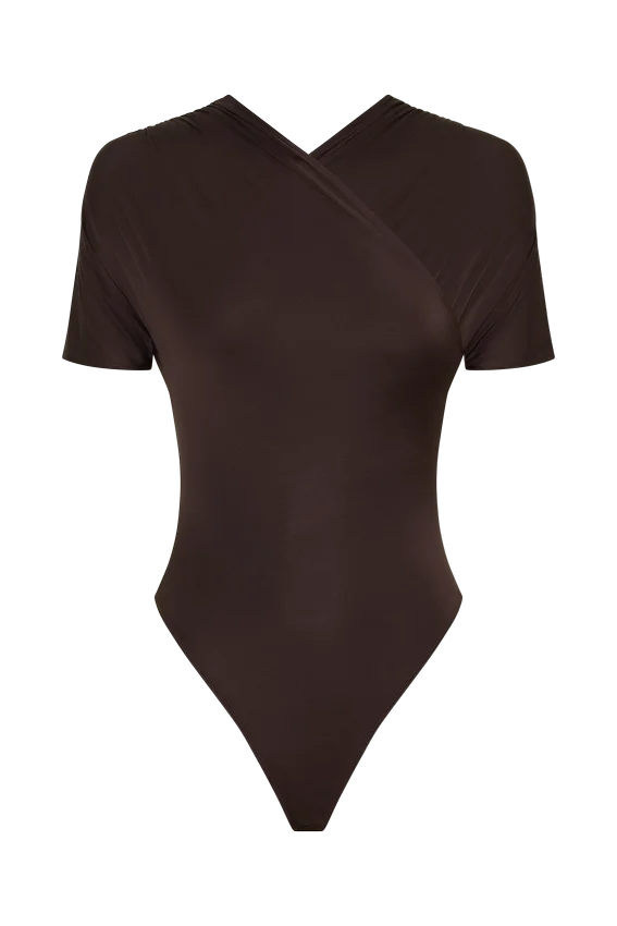 Junie Shortsleeve Cross-Over Bodysuit – Chocolate Junie Shortsleeve Cross-Over Bodysuit – Chocolate