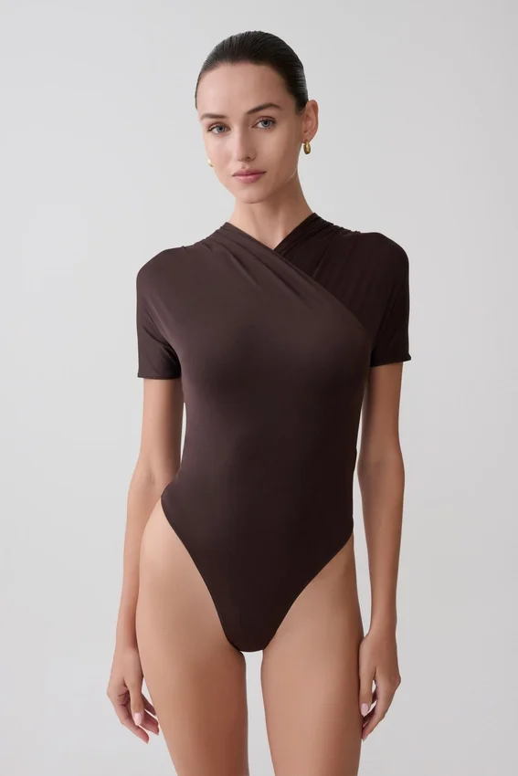 Junie Shortsleeve Cross-Over Bodysuit – Chocolate Junie Shortsleeve Cross-Over Bodysuit – Chocolate