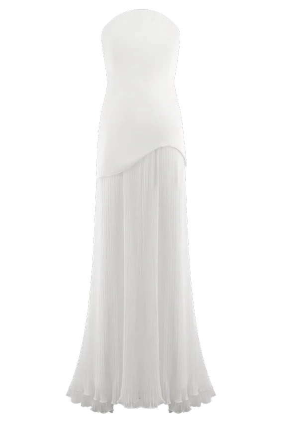Juno Strapless Pleated Maxi Gown – White Juno Strapless Pleated Maxi Gown – White