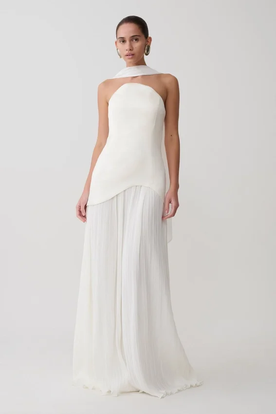 Juno Strapless Pleated Maxi Gown – White Juno Strapless Pleated Maxi Gown – White