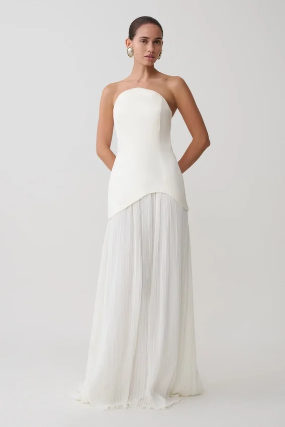 Juno Strapless Pleated Maxi Gown – White Juno Strapless Pleated Maxi Gown – White