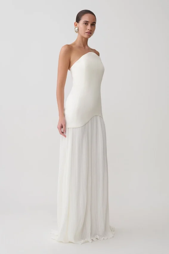 Juno Strapless Pleated Maxi Gown – White Juno Strapless Pleated Maxi Gown – White