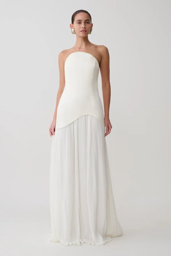 Juno Strapless Pleated Maxi Gown – White Juno Strapless Pleated Maxi Gown – White