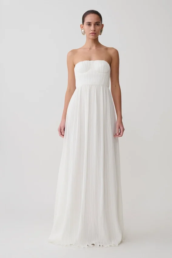 Juno Strapless Pleated Maxi Gown – White Juno Strapless Pleated Maxi Gown – White