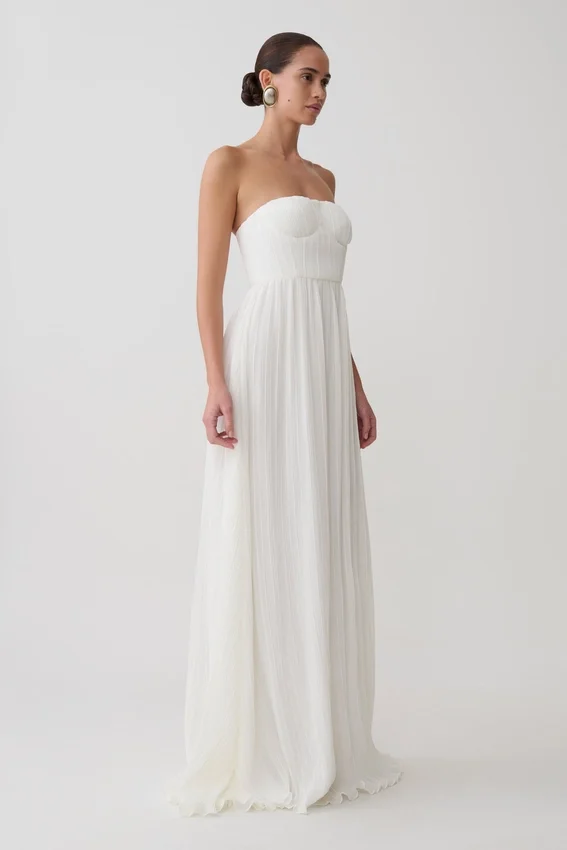 Juno Strapless Pleated Maxi Gown – White Juno Strapless Pleated Maxi Gown – White