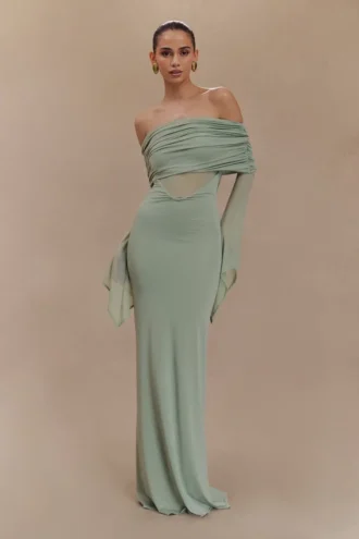 Kaitlin One Shoulder Slinky And Mesh Maxi Dress – Basil