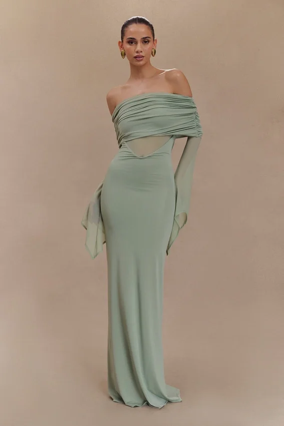 Kaitlin One Shoulder Slinky And Mesh Maxi Dress – Basil Kaitlin One Shoulder Slinky And Mesh Maxi Dress – Basil