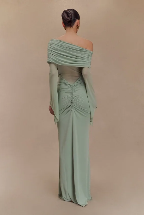 Kaitlin One Shoulder Slinky And Mesh Maxi Dress – Basil Kaitlin One Shoulder Slinky And Mesh Maxi Dress – Basil