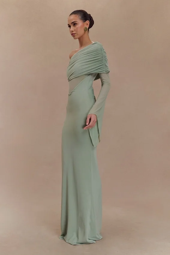 Kaitlin One Shoulder Slinky And Mesh Maxi Dress – Basil Kaitlin One Shoulder Slinky And Mesh Maxi Dress – Basil