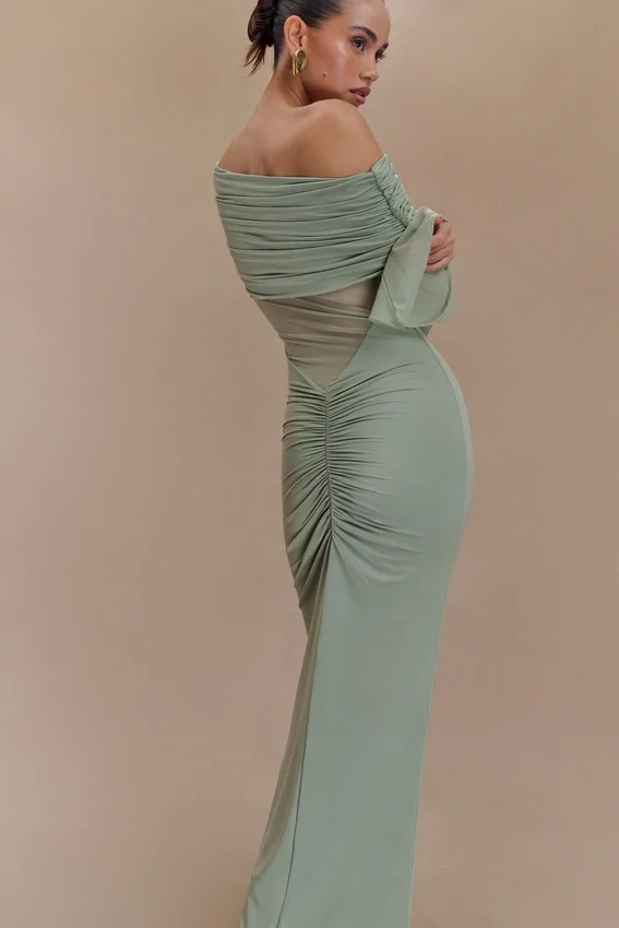 Kaitlin One Shoulder Slinky And Mesh Maxi Dress – Basil Kaitlin One Shoulder Slinky And Mesh Maxi Dress – Basil