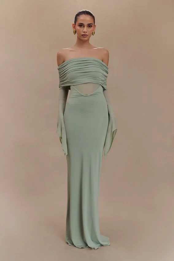 Kaitlin One Shoulder Slinky And Mesh Maxi Dress – Basil Kaitlin One Shoulder Slinky And Mesh Maxi Dress – Basil