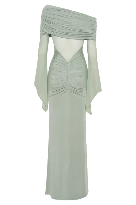 Kaitlin One Shoulder Slinky And Mesh Maxi Dress – Basil Kaitlin One Shoulder Slinky And Mesh Maxi Dress – Basil