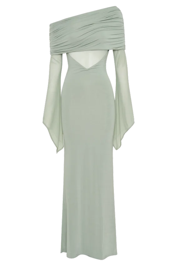 Kaitlin One Shoulder Slinky And Mesh Maxi Dress – Basil Kaitlin One Shoulder Slinky And Mesh Maxi Dress – Basil