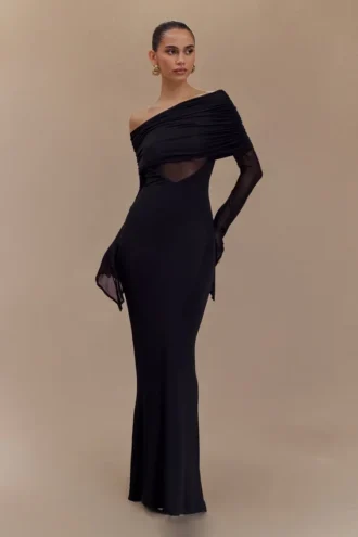 Kaitlin One Shoulder Slinky And Mesh Maxi Dress – Black