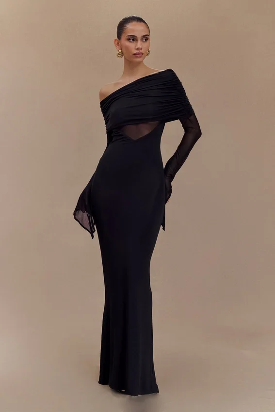 Kaitlin One Shoulder Slinky And Mesh Maxi Dress – Black Kaitlin One Shoulder Slinky And Mesh Maxi Dress – Black
