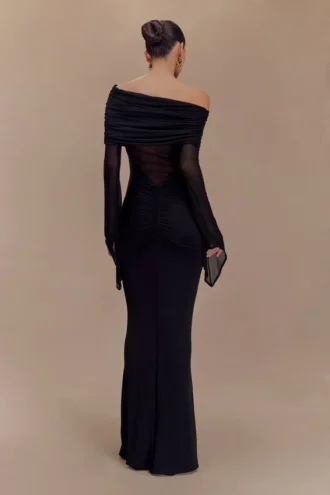 Kaitlin One Shoulder Slinky And Mesh Maxi Dress – Black
