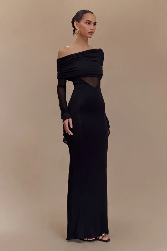Kaitlin One Shoulder Slinky And Mesh Maxi Dress – Black Kaitlin One Shoulder Slinky And Mesh Maxi Dress – Black