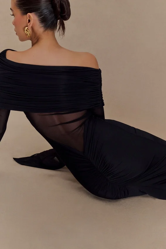 Kaitlin One Shoulder Slinky And Mesh Maxi Dress – Black Kaitlin One Shoulder Slinky And Mesh Maxi Dress – Black