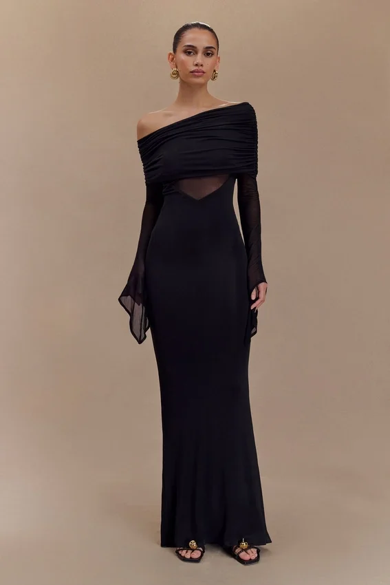 Kaitlin One Shoulder Slinky And Mesh Maxi Dress – Black Kaitlin One Shoulder Slinky And Mesh Maxi Dress – Black