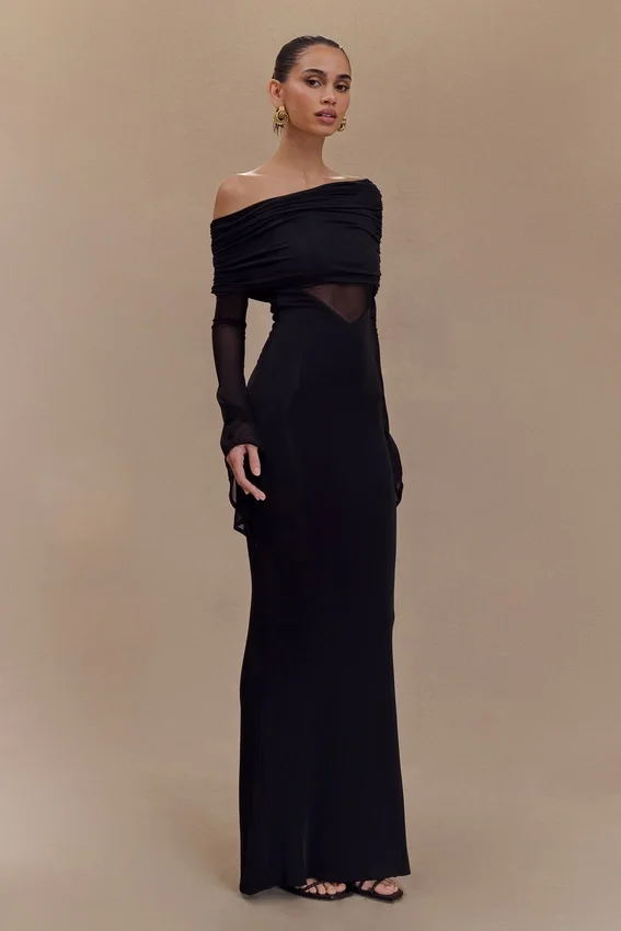 Kaitlin One Shoulder Slinky And Mesh Maxi Dress – Black Kaitlin One Shoulder Slinky And Mesh Maxi Dress – Black