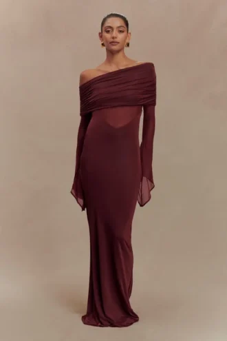 Kaitlin One Shoulder Slinky And Mesh Maxi Dress – Burgundy