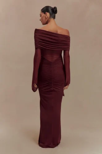 Kaitlin One Shoulder Slinky And Mesh Maxi Dress – Burgundy