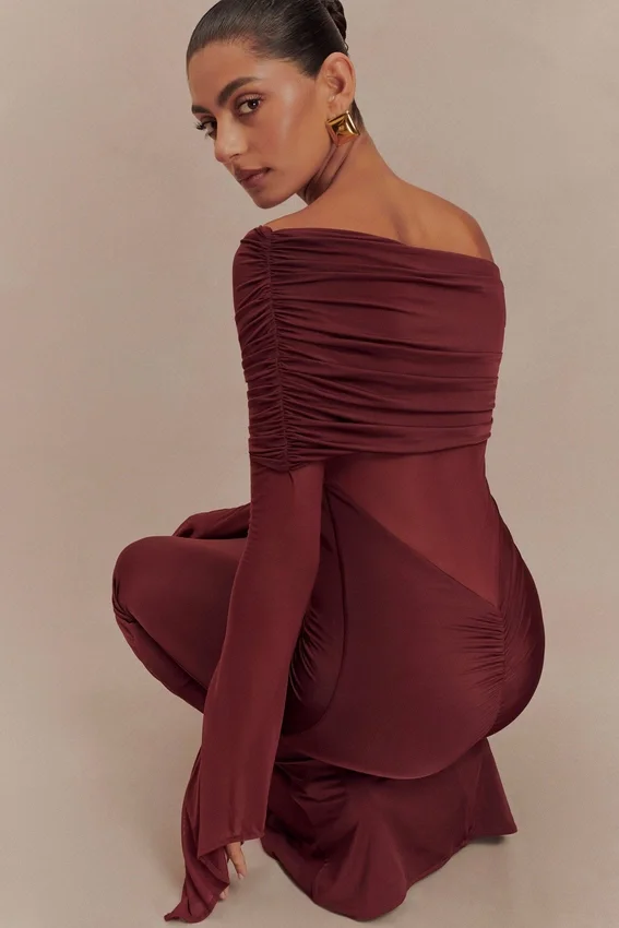 Kaitlin One Shoulder Slinky And Mesh Maxi Dress – Burgundy Kaitlin One Shoulder Slinky And Mesh Maxi Dress – Burgundy