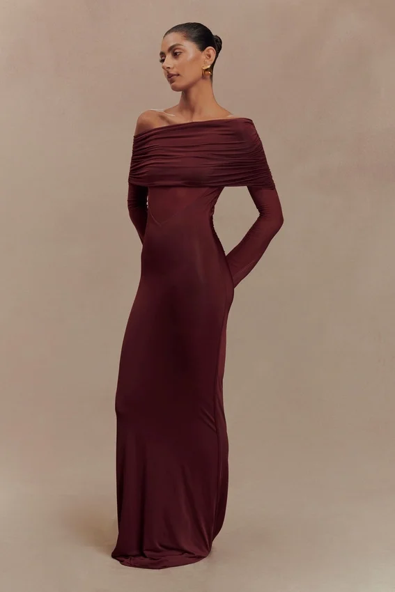 Kaitlin One Shoulder Slinky And Mesh Maxi Dress – Burgundy Kaitlin One Shoulder Slinky And Mesh Maxi Dress – Burgundy