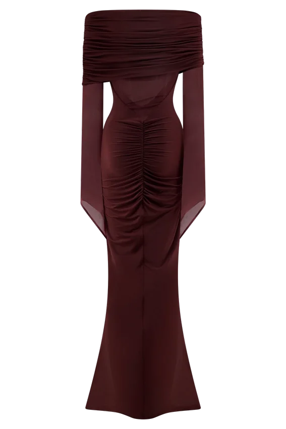 Kaitlin One Shoulder Slinky And Mesh Maxi Dress – Burgundy Kaitlin One Shoulder Slinky And Mesh Maxi Dress – Burgundy